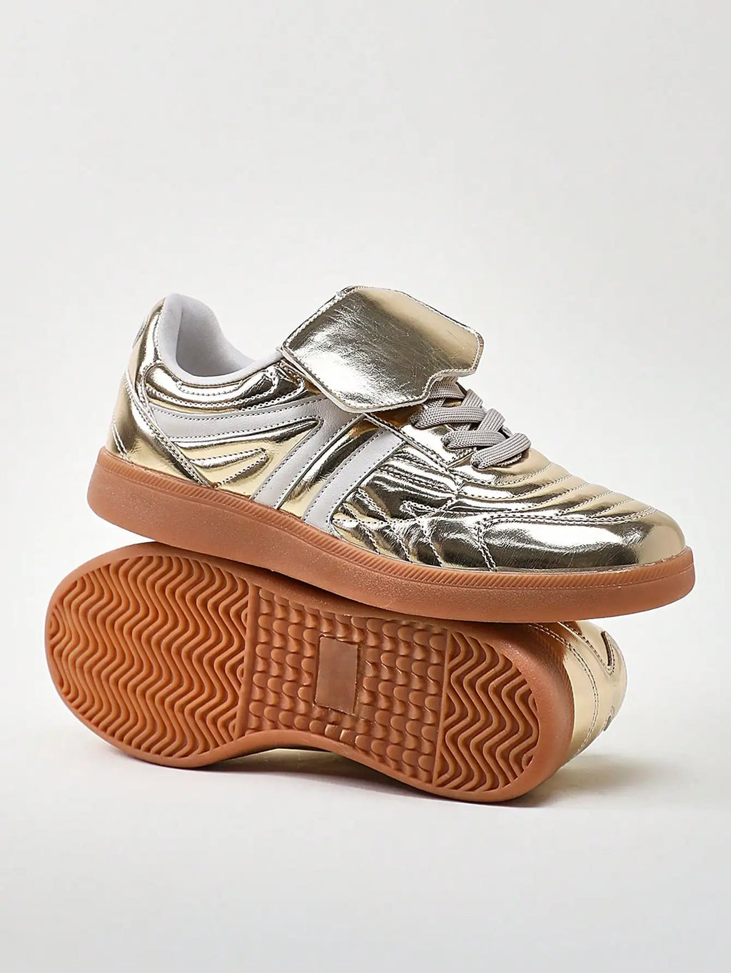 Fold Over Tongue Round Toe Gum Sole Low Top PU Gold Casual Stylish Versatile Comfortable Sneakers For Women Summer