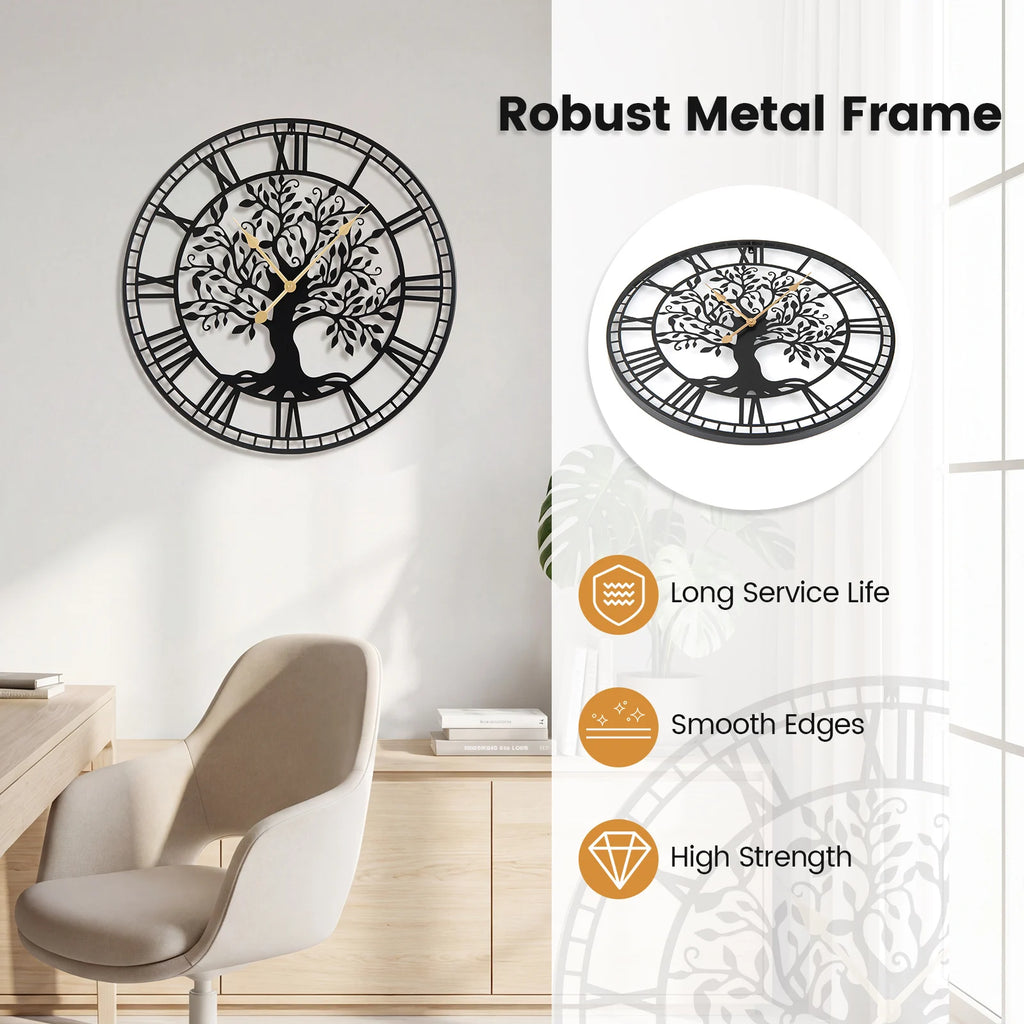 Large Wall Clock, 27” Tree of Life Big Metal Clock, Non-Ticking Decorative Clock