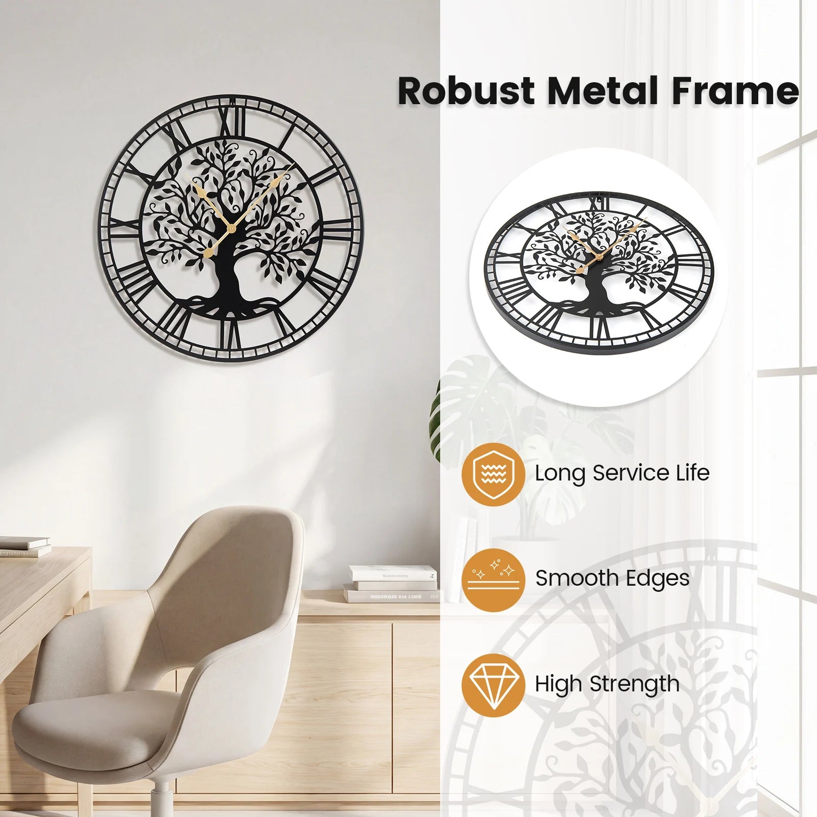Large Wall Clock, 27” Tree of Life Big Metal Clock, Non-Ticking Decorative Clock