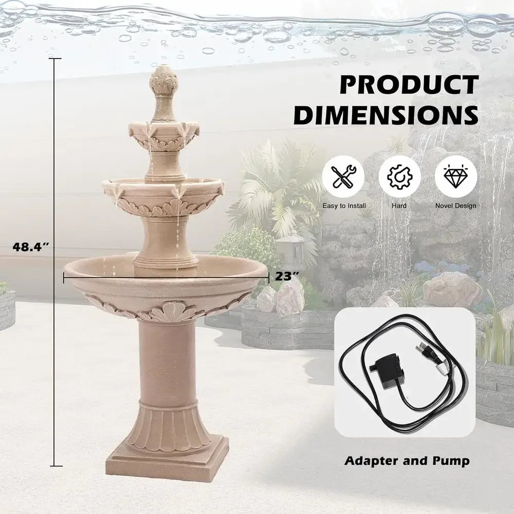 3-Tier Bubbler Fountain, 48.4 Outdoor Waterfall for Yard and Garden Decor