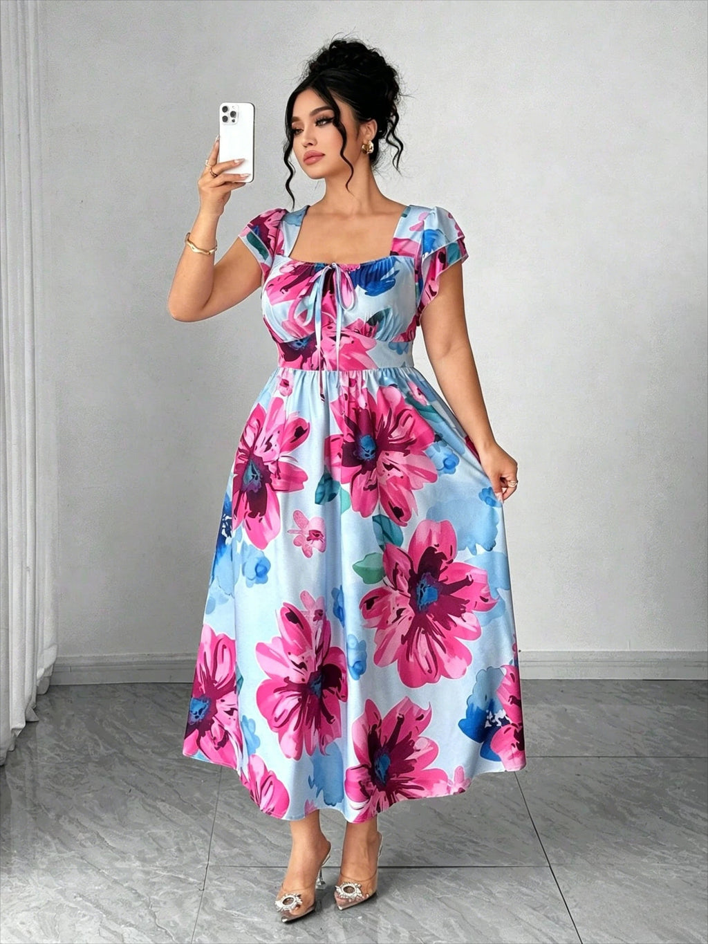 Plus Size Floral Printed Elegant Women Dress A-Line Midi Square Cap Sleeve Slim Waist Daily Dating Summer Casual Outfit