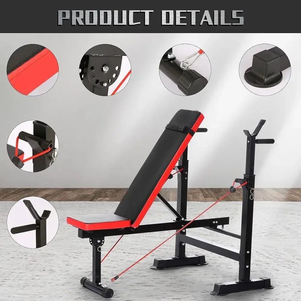 Red Adjustable Folding Weight Bench for Full Body Workouts with Bar Rack - Home Gym Equipment
