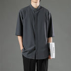 Japanese Stand Collar Non Iron Stretch Shirt Men Summer Loose Solid Short Sleeve Business Casual Daily Office Commute Wear Top Gift