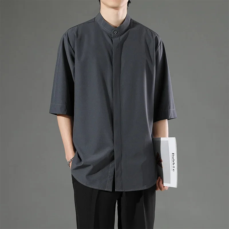 Japanese Stand Collar Non Iron Stretch Shirt Men Summer Loose Solid Short Sleeve Business Casual Daily Office Commute Wear Top Gift