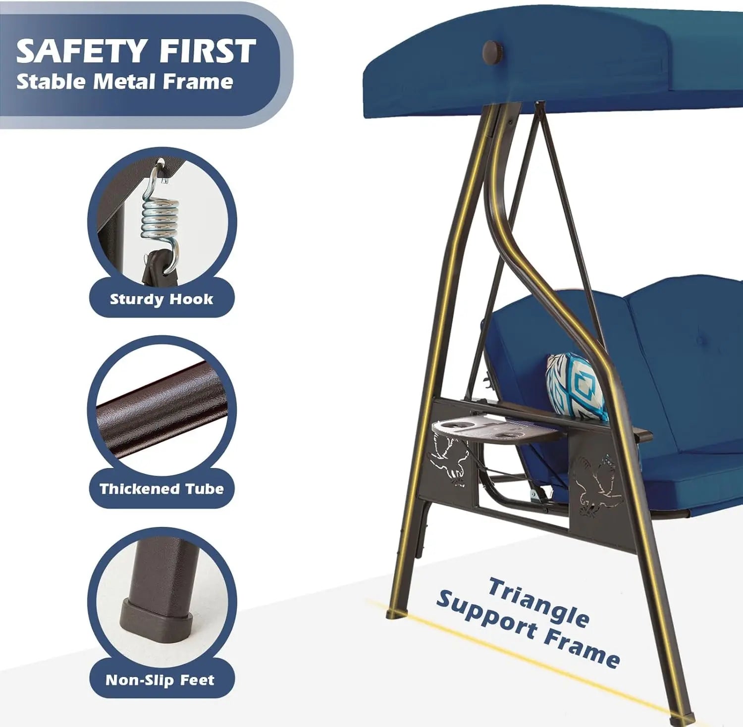 Outdoor Porch and Yard Use, Metal Frame, Blue 3-Seat Swing with Canopy, Extra Pillows and Cup Holder