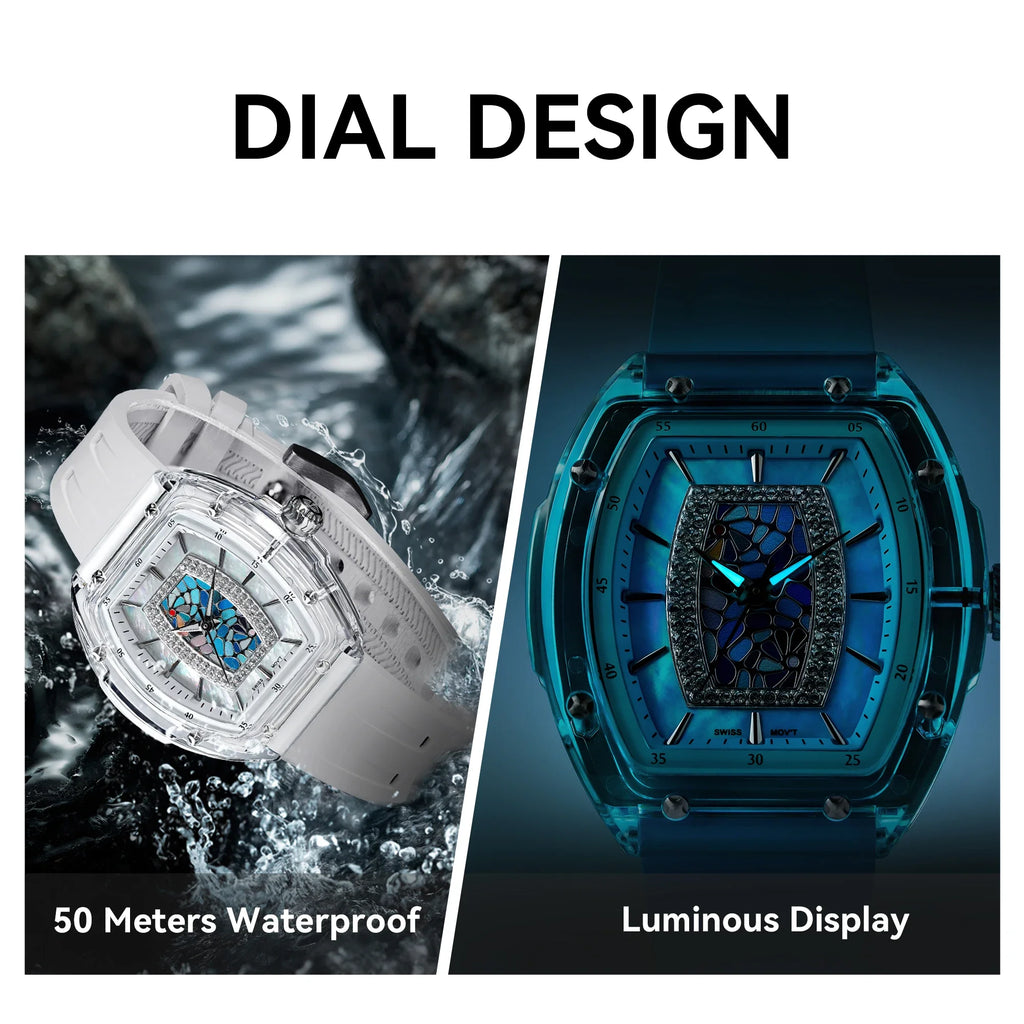 TSAR BOMBA Women’s Quartz Watch, Swiss Movement, Transparent Case, Zircon Dial, Comfortable Strap, Elegant Fashion Wristwatch