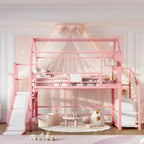 Twin Size Metal Bunk Bed with Slide, Stairs & Storage, Playhouse Underneath, Pink for Kids