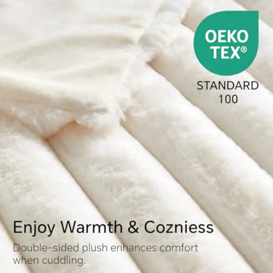 Faux Fur Throw Blanket for Couch, Soft and Cozy Luxurious 3D Striped Fluffy Blanket, 770GSM Thick Warm Plush Fuzzy Faux Rabbit