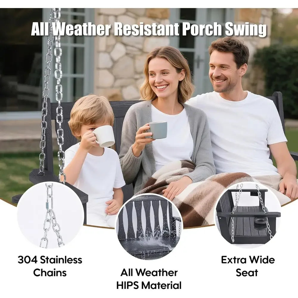 All-Weather 2-Seat Porch Swing with Cup Holders, Patio Swing Bench for Garden and Courtyard