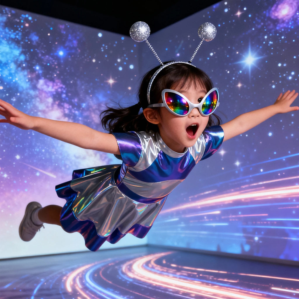 Toddler Baby Girls Alien Costume Dress Kids Shiny Metallic Space Themed Party Dress with Headband Glasses for Halloween Cosplay