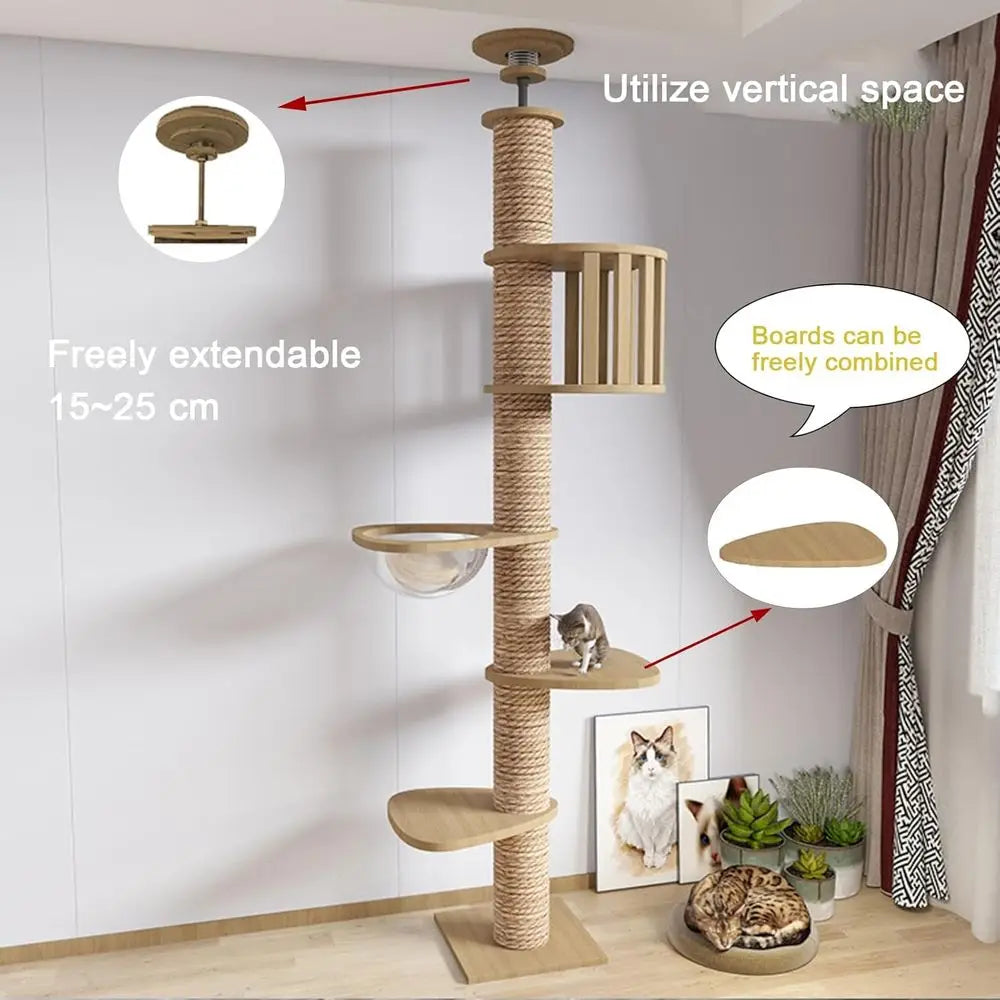 Adjustable Height Cat Tree (95-108in) with 4.33in Wide Scratching Post, Hammock, and Sisal Rope - Supports Up to 110 lbs