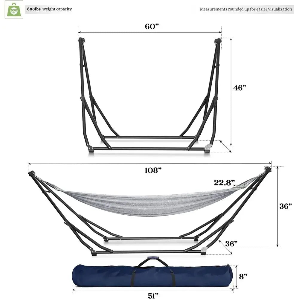 Heavy-Duty Indoor/Outdoor Hammock with Steel Stand, 600lbs Capacity, Durable Double-Layered Polyester, Grey