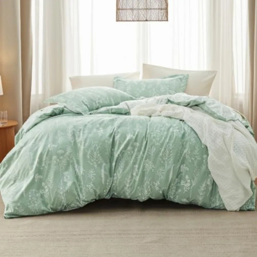 Comforter Set - Sage Green Bed Set, 3 Pieces Lightweight Summer Cute Floral Bedding, 1 Soft Reversible Botanical Flowers Comfor
