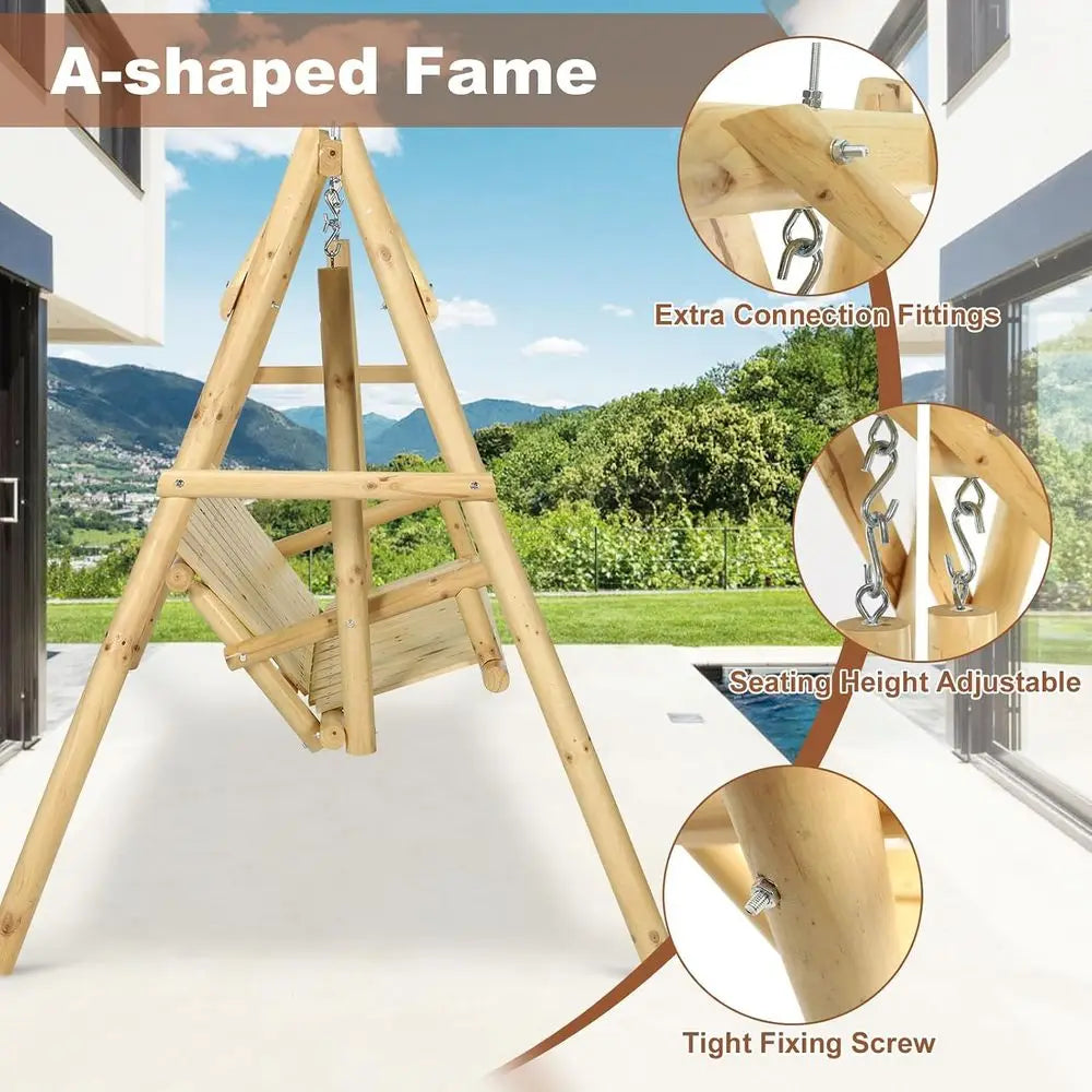 Durable 2-Seat Wooden Porch Swing with A-Frame Stand, Outdoor Patio Swing Bench, High Capacity for Backyard or Garden
