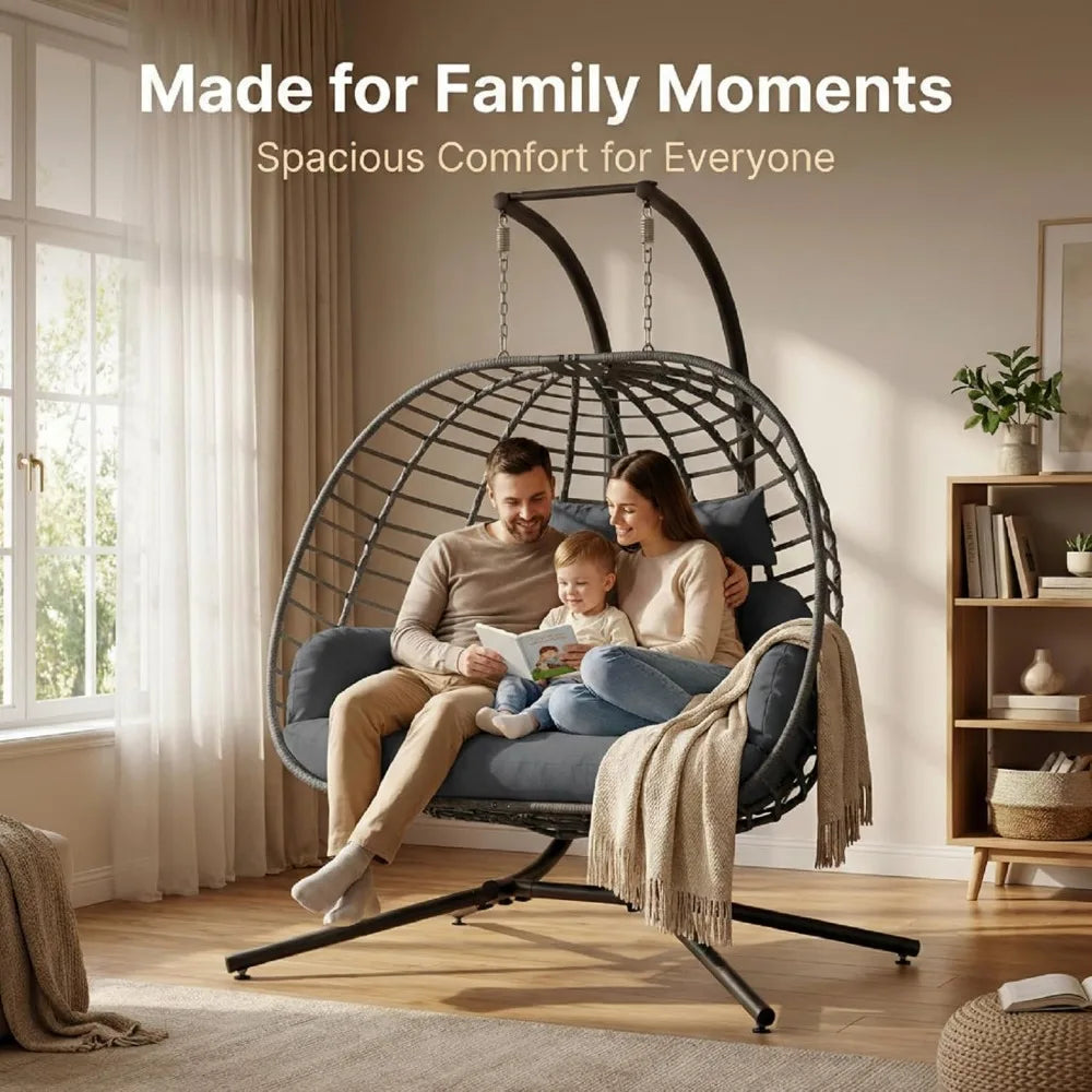Egg Swing Chair with Stand, 2 Person Outdoor Patio Wicker Hammock Chairs with Cushion for Indoor, Lawn, Garden - Dark Grey