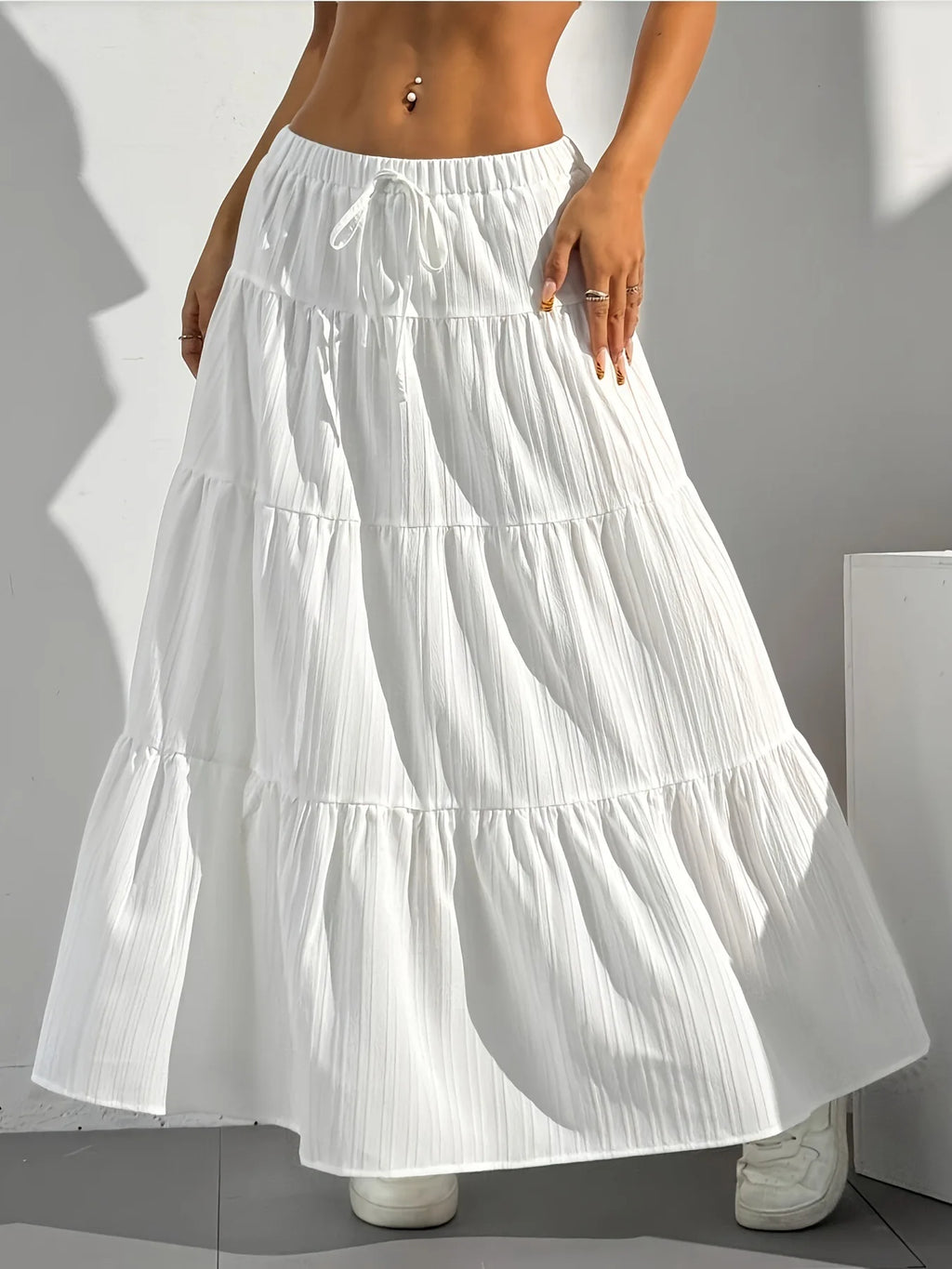 Flared Long Skirt Spring Summer Women Euro American Loose Tie Strap Splice Midi Skirt Light Soft Fabric Flowy Vacation Daily Casual Bottoms