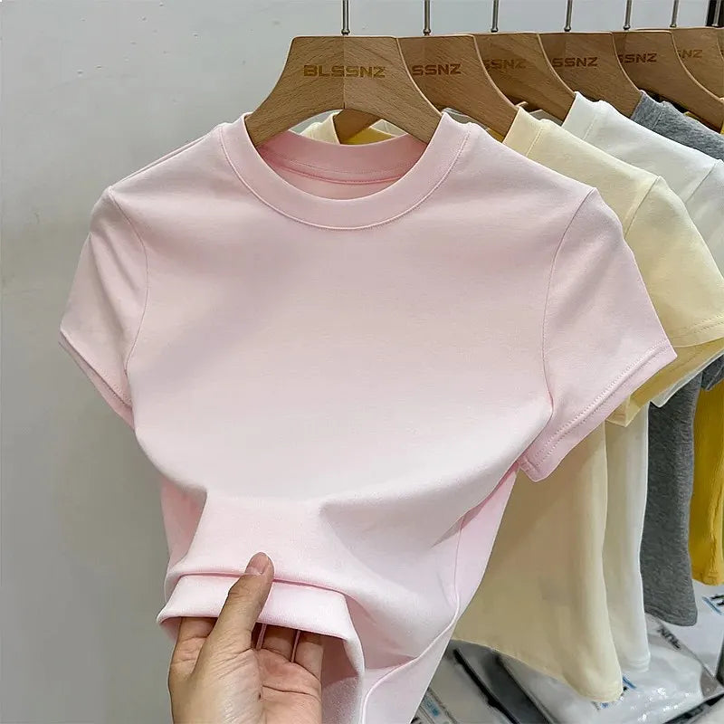 Zjaiss 2026 O-Neck Summer Sexy Basic Solid Short Sleeve T-Shirt Women Casual Korean Streetwear Tee