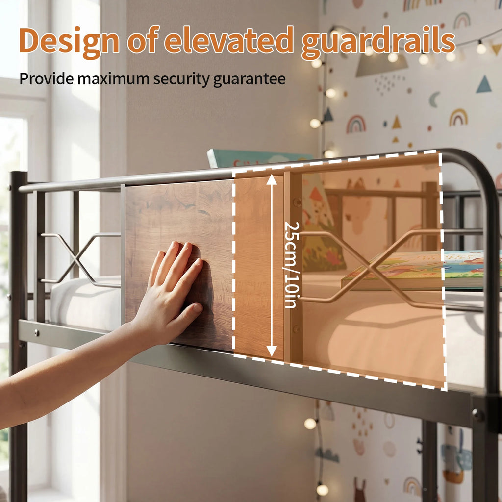 Full Over Full Bunk Bed Detachable Metal Bunk Bed Frame with Higher Guardrail Ladder Under Bed Storage for Dormitory Kids' Room