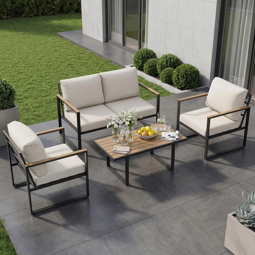 Modern 4-Piece Patio Furniture Set Outdoor Conversation Sectional Sofa With Coffee Table Thick Washable Cushions For Lawn Deck