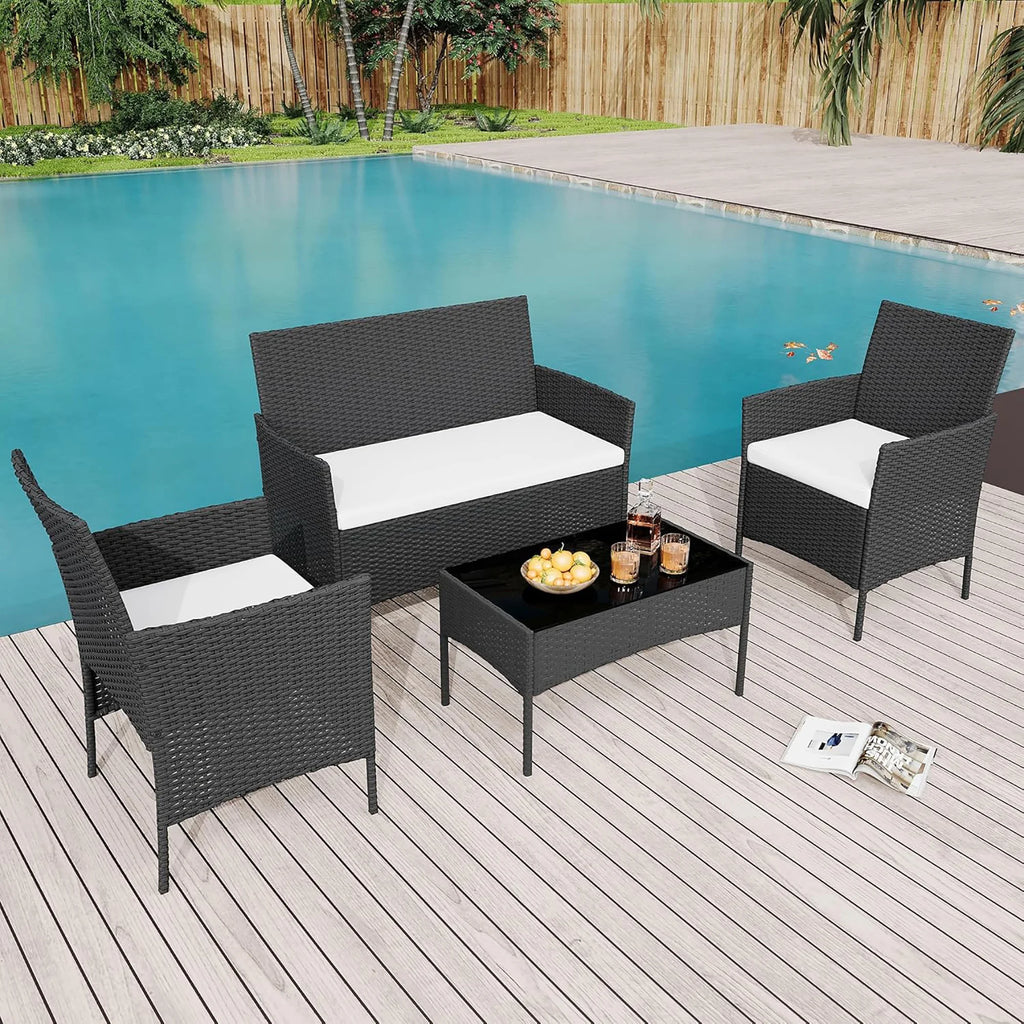 4 Piece Patio Furniture Set, Outdoor Rattan Bistro Set With Cushioned Sofa, 2 Chairs, Glass Table For Porch Backyard