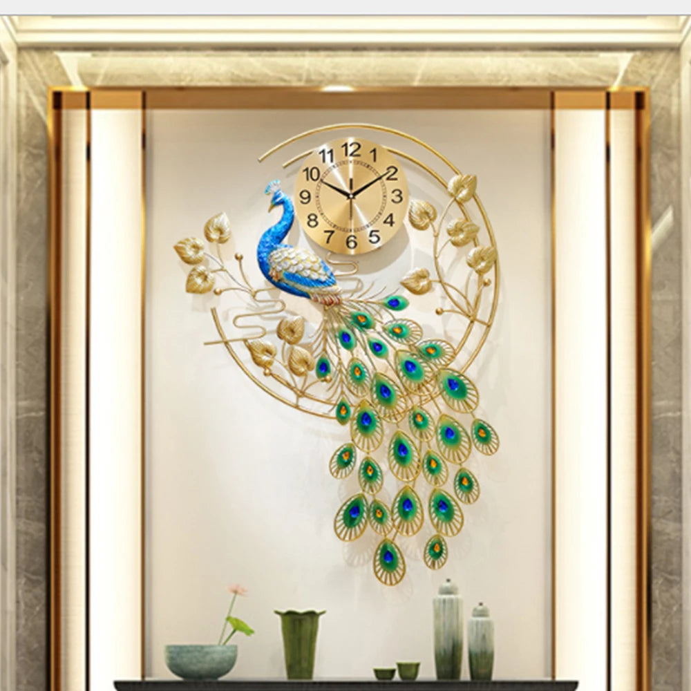 Peacock Art Wall Clock, Large Metal Silent Non-ticking Timepiece, Elegant Luxury Wall Decor for Home Living Room Bedroom