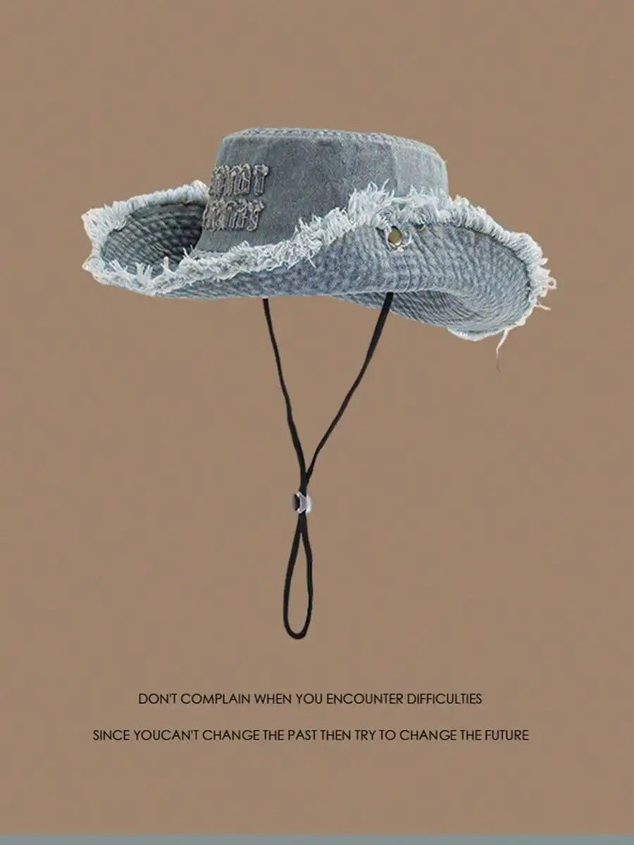 1pc Women's Retro Washed Frayed Edge Drawstring Bucket Hat, Outdoor Hiking Sun Hat, Student Sun Protection Hat, Suitable For