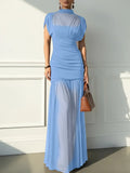 Solid Color Elegant Sexy Party Mesh Ruffle Splice Pleated Hem Dress, Suitable For Beach, Evening Date, Wedding, Birthday Party, Spring/Summer
