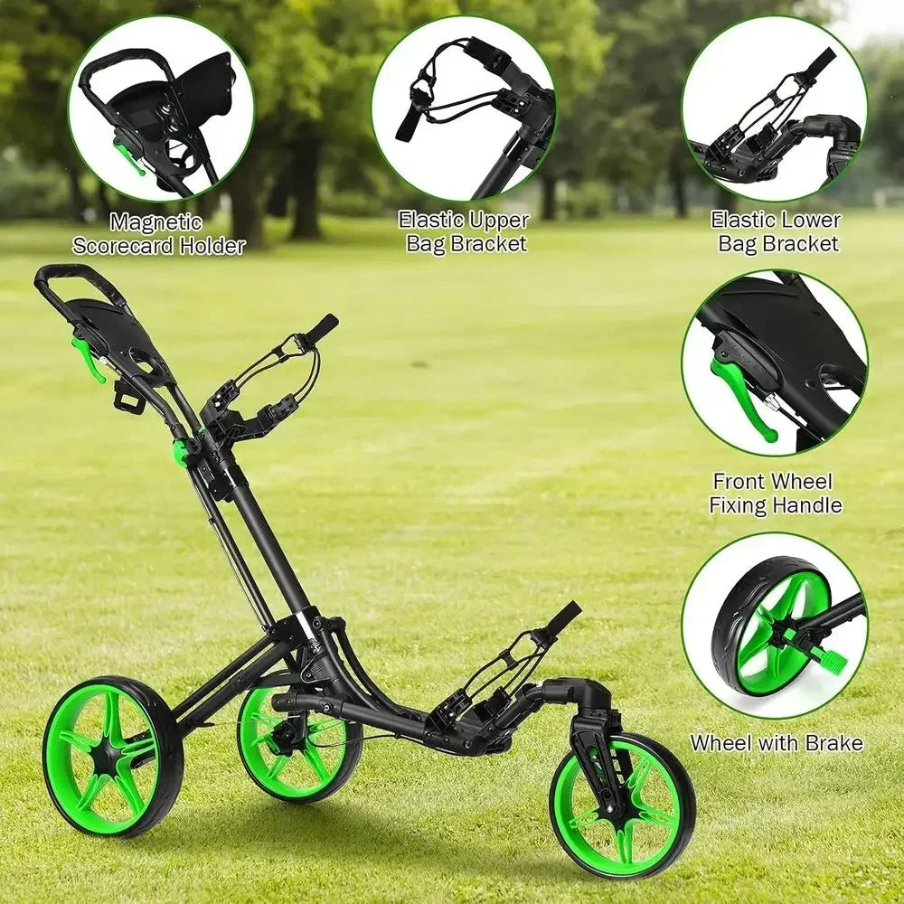 Three-Wheel Swivel Front Golf Cart, Adjustable Pull Trolley for Clubs, Easy Rolling Compact Golf Transporter