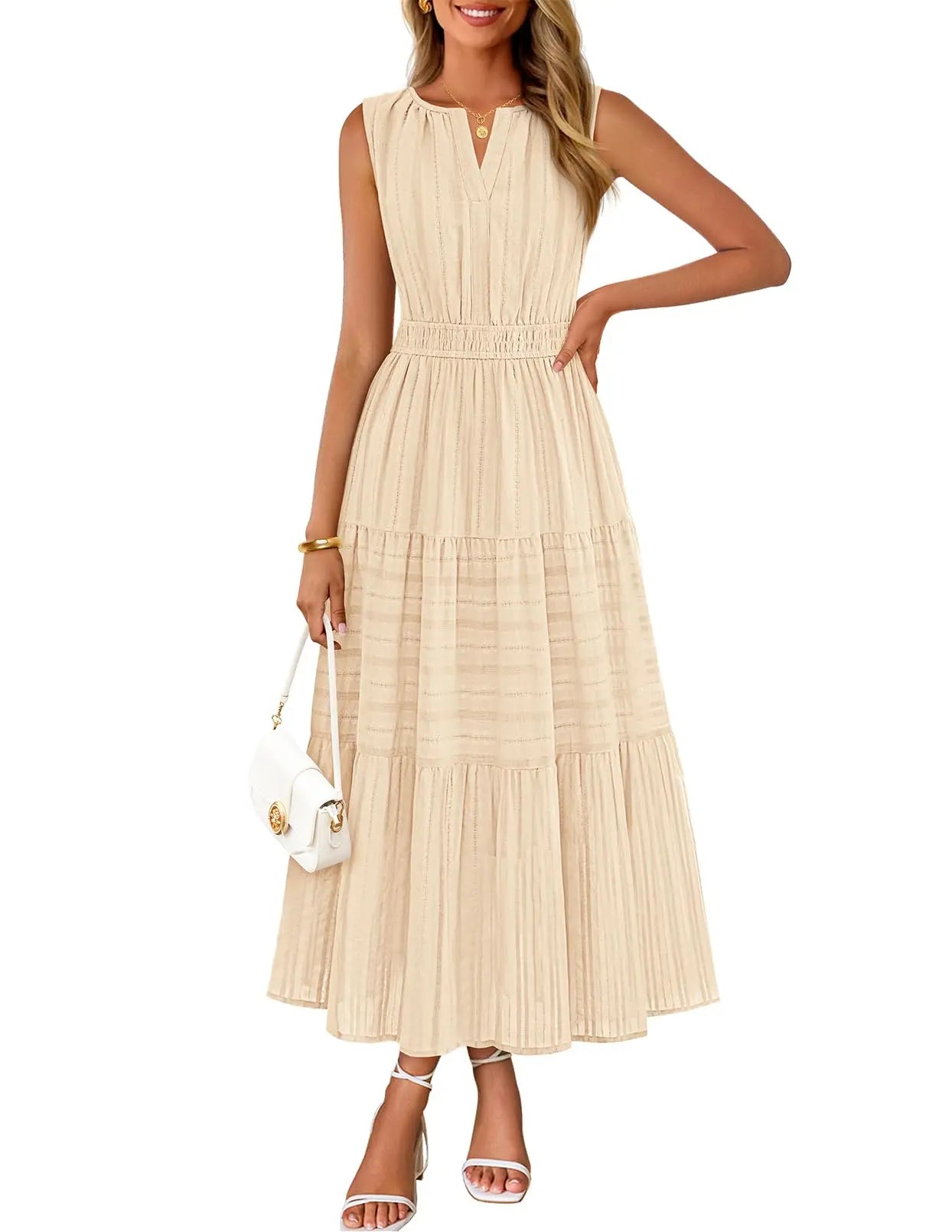 Womens Sleeveless V-Neck Boho Midi Maxi Dress With Pockets Casual Summer Beach Vacation Dress