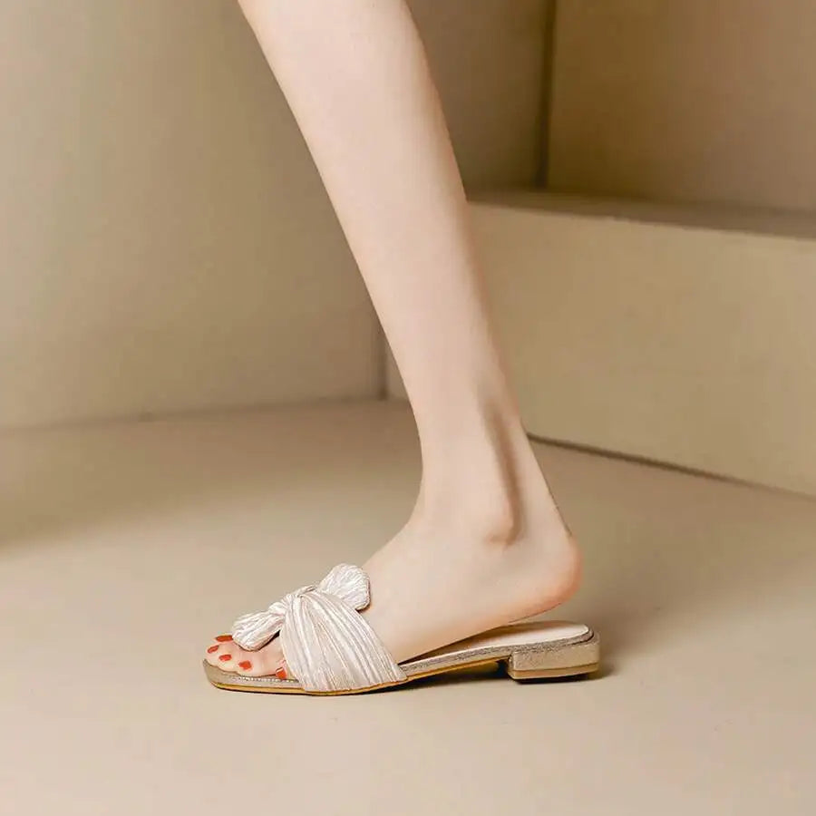 Elegant Pleated Bow Knot Flat Slides Women Square Toe Slip On Sandals For Party Wedding