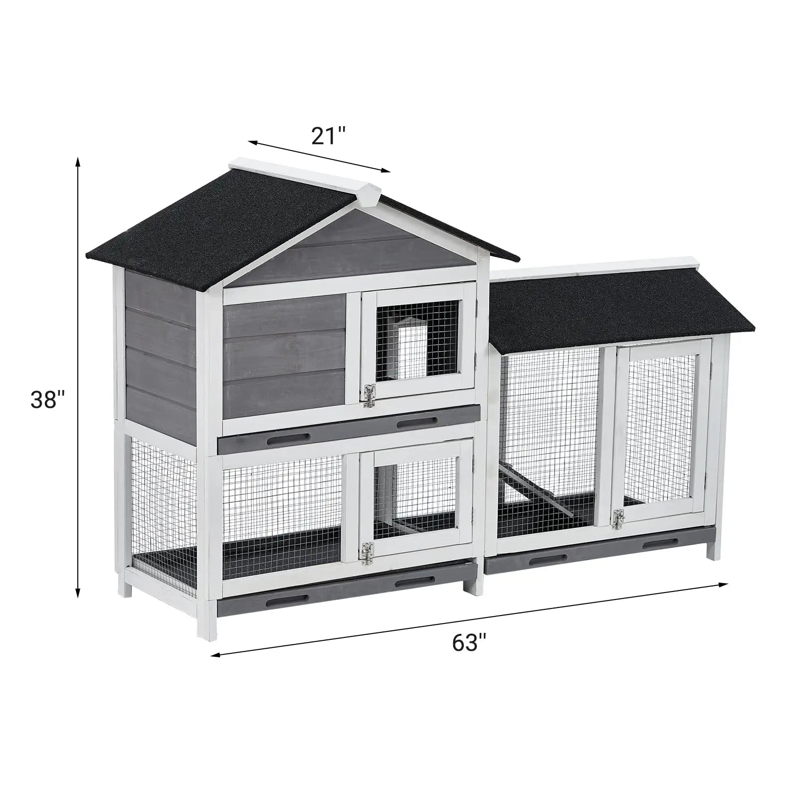 58'' Bunny Hutch Indoor Bunny Cage, with 3 Leak-Proof Removable Trays, Wooden Waterproof Roof Rabbit Hutch Indoor/Outdoor, 2-Tier Bunny House/Chicken Coop, Gray and Black