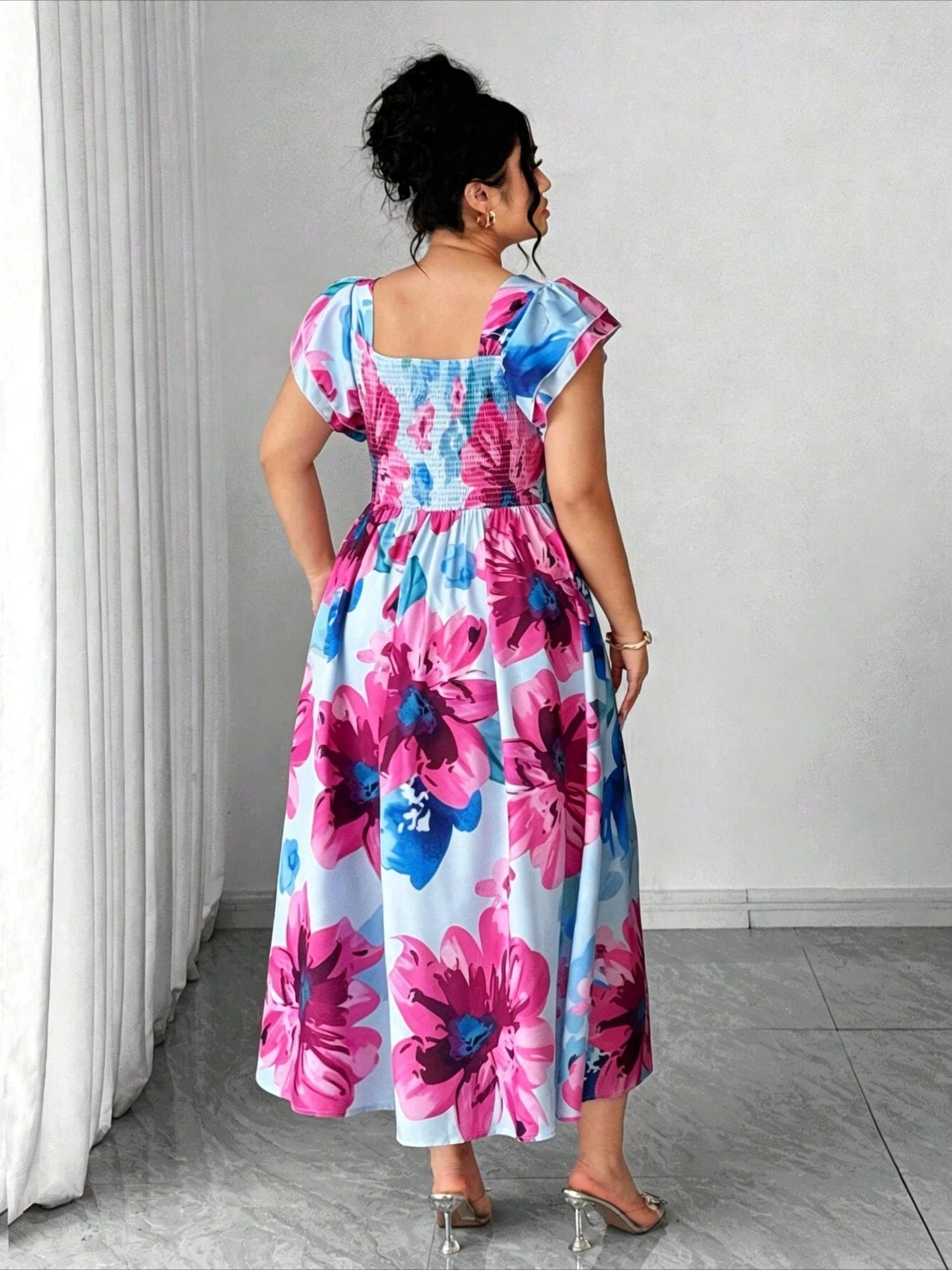 Plus Size Floral Printed Elegant Women Dress A-Line Midi Square Cap Sleeve Slim Waist Daily Dating Summer Casual Outfit