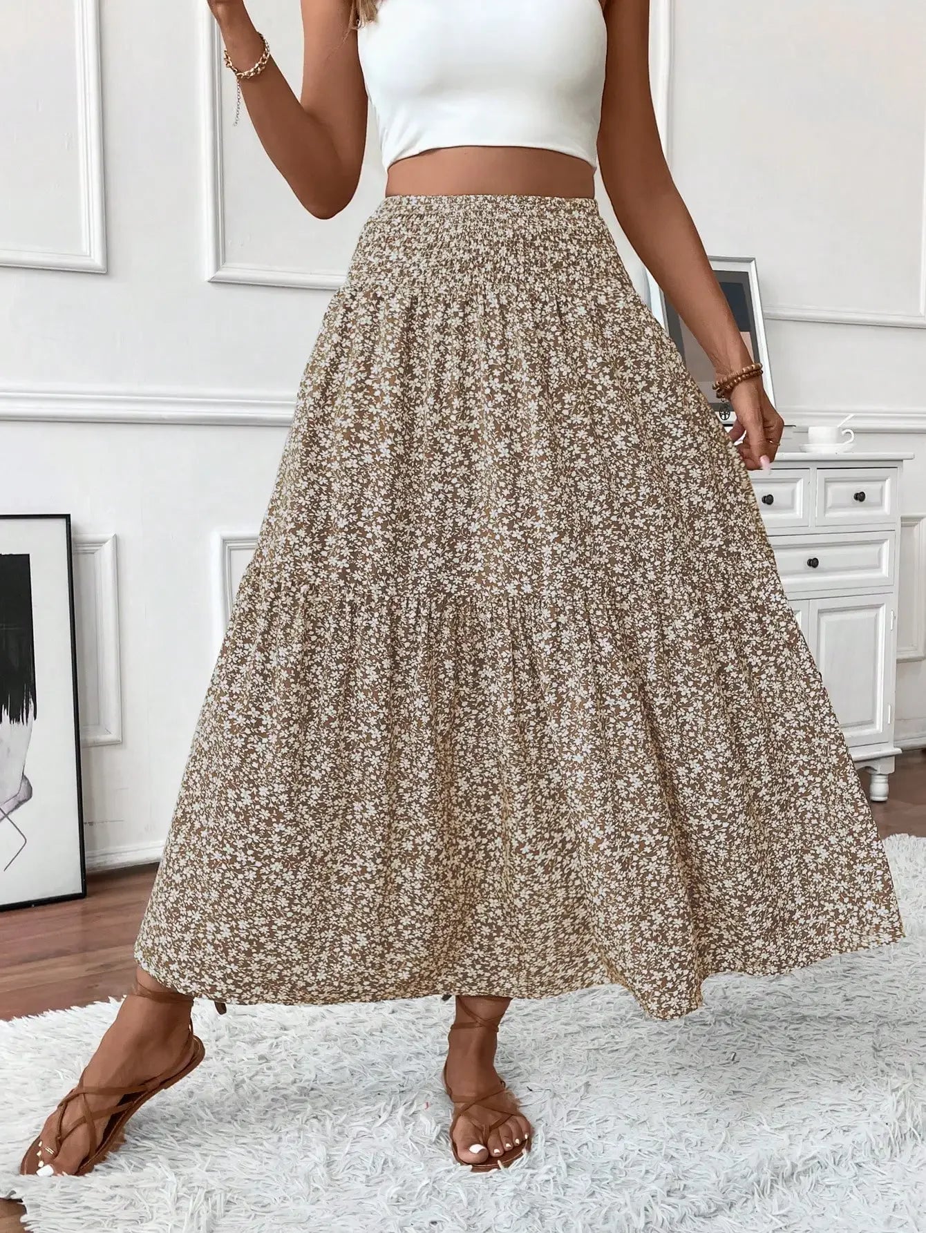 Womens Ditsy Floral A-Line Skirt With Pockets Elastic Waist Ruffle Hem