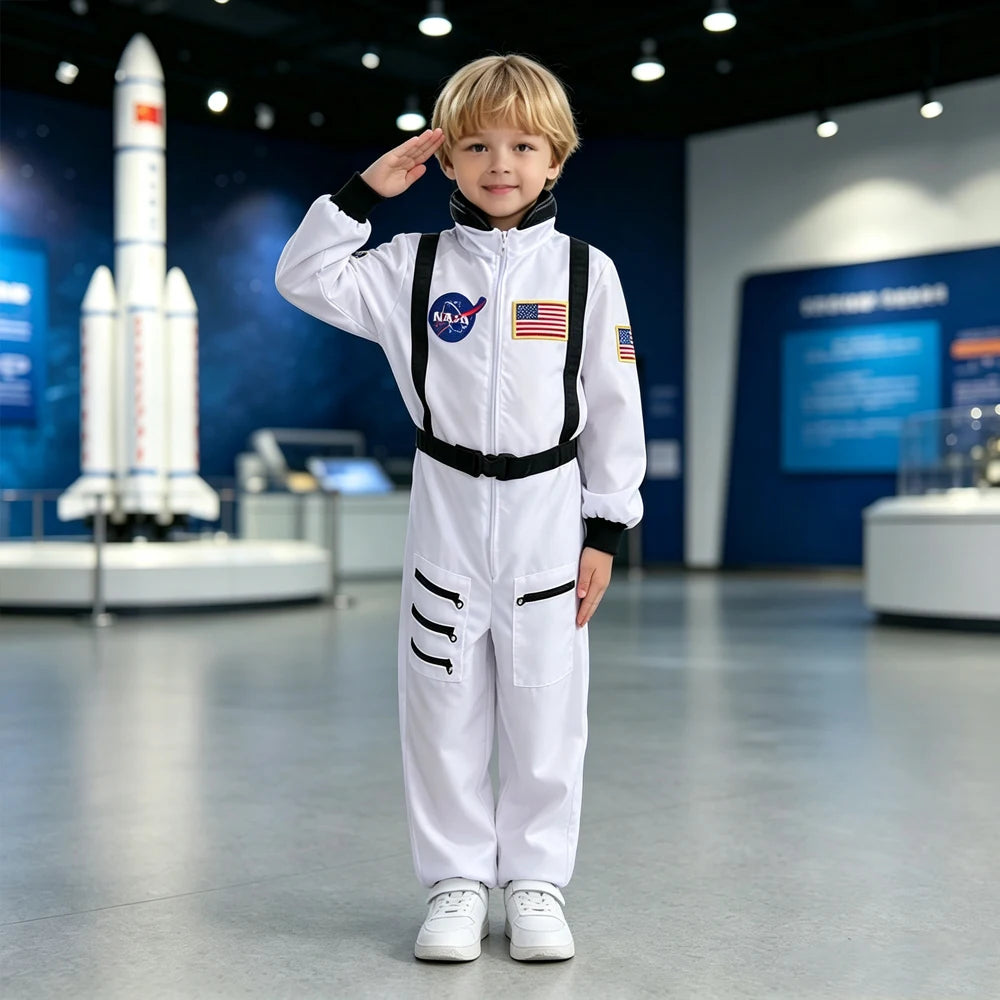 New Children White Black Trim Astronaut Costume Replica Flight Jumpsuit Unisex Kid Spaceman Uniform Halloween Cosplay Outfit