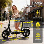 Bodywel T3 Folding Ebike - 48V 10Ah Electric Bike with Seat, 14 Inch Portable Escooter with rack & Rear Basket for Adults Urban
