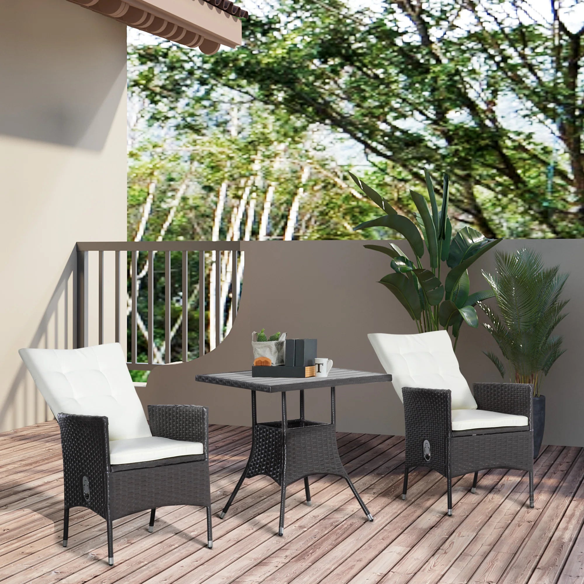 3pcs Patio Reclining Chair Set Rattan Wicker Furniture, Armchairs, Table, White