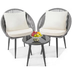 3 Pieces Bistro Set, Woven Rope Chair with Cushions, All Weather Patio Conversation Set and Side Table, Ideal for, Customized