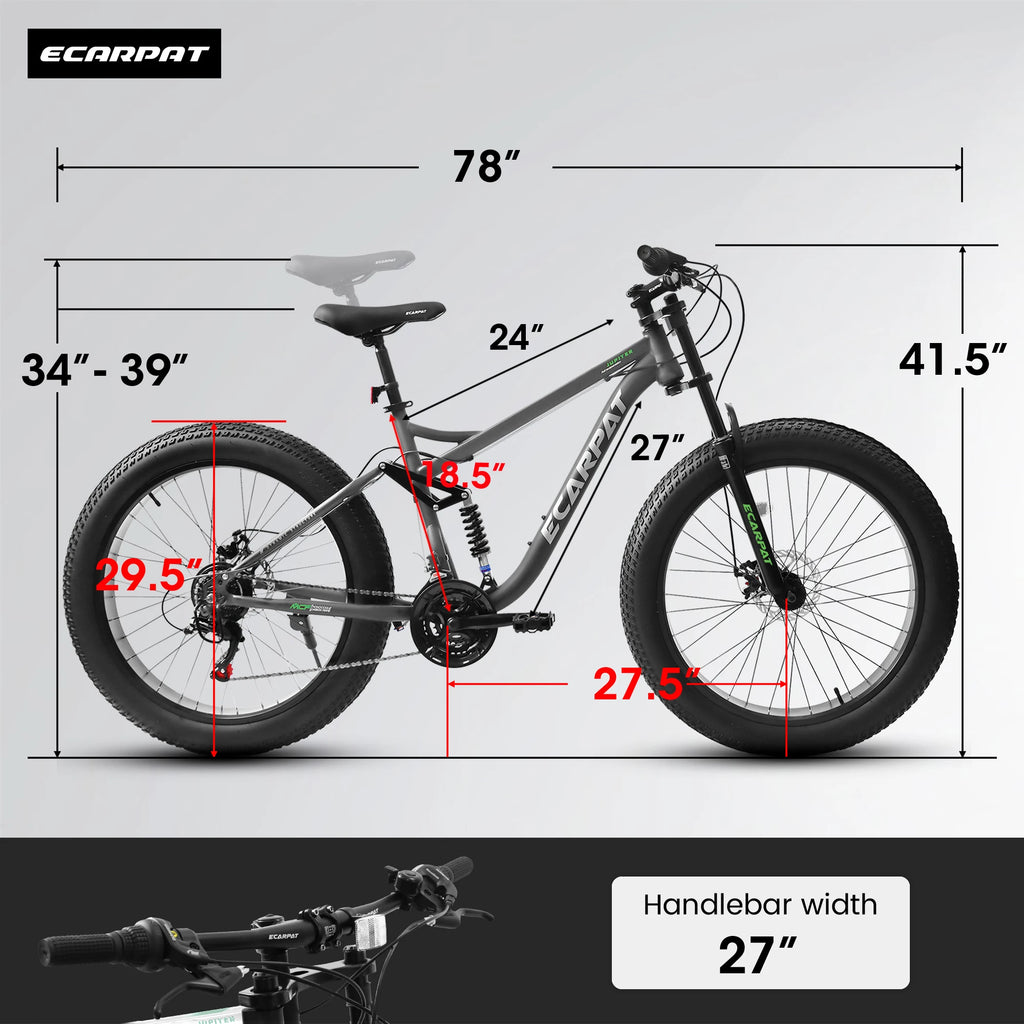 Fat Tire Mountain Bike 26 Inch, 21 Speed Dual Full Suspension, 4.0" Wide Non-Slip Big Fat Tire, Men Women Bicycles