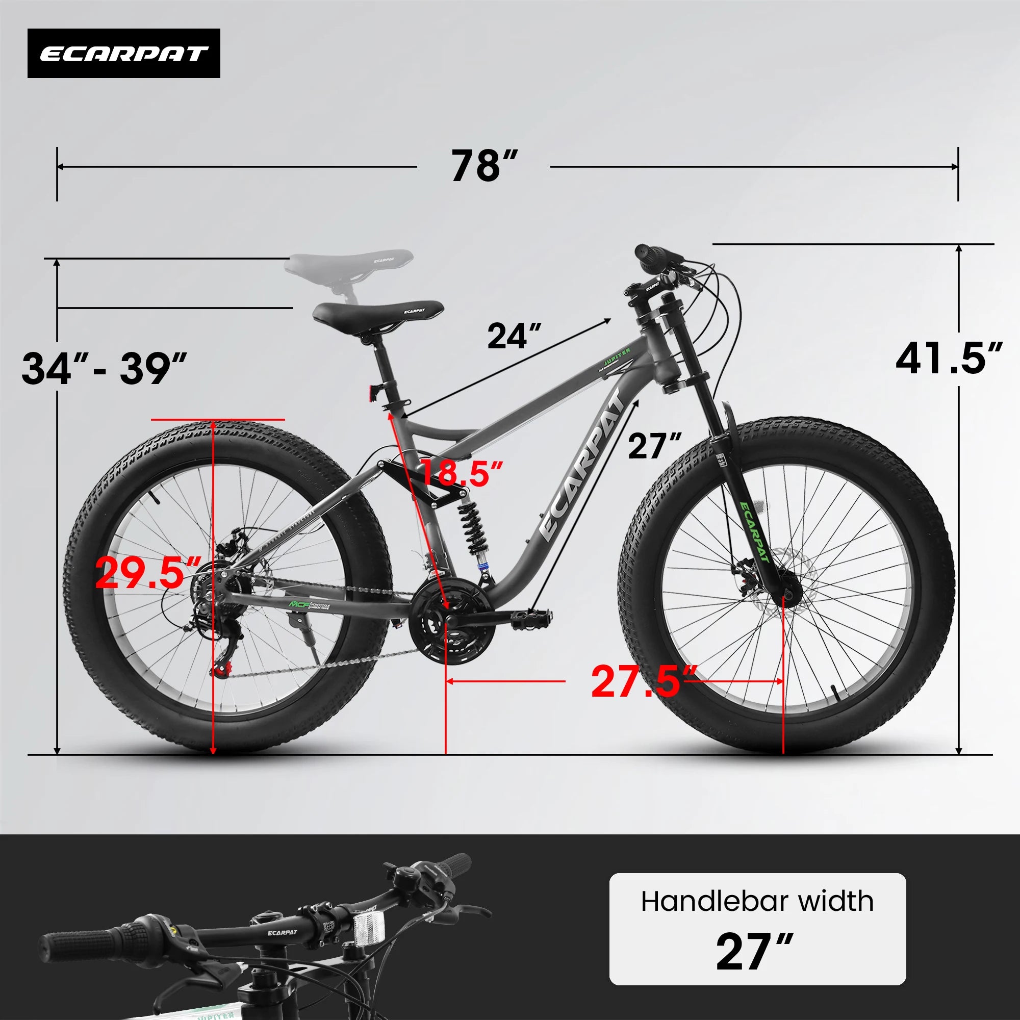 Fat Tire Mountain Bike 26 Inch, 21 Speed Dual Full Suspension, 4.0" Wide Non-Slip Big Fat Tire, Men Women Bicycles