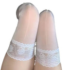 Sexy Horse Oil Shinny Silk Stockings Silicone Non-Slip Lace Thigh High Socks Summer Ultra Thin Hosiery Lingerie