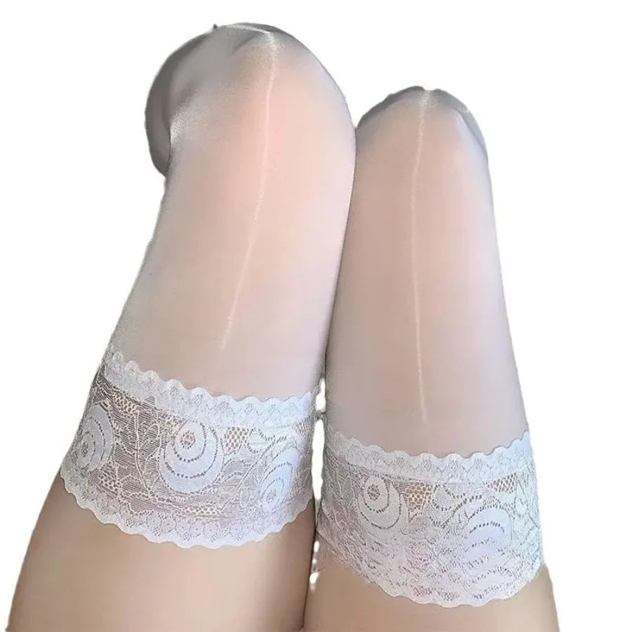 Sexy Horse Oil Shinny Silk Stockings Silicone Non-Slip Lace Thigh High Socks Summer Ultra Thin Hosiery Lingerie
