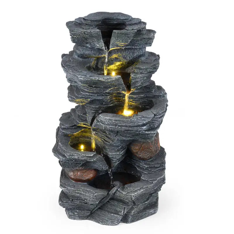 Outdoor Water Fountain with LED Lights and Pump 5-Tier Tabletop Cascading Rock Waterfall Feature