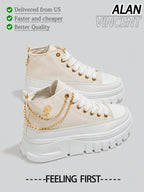 Fast Shipping Women Beige Canvas Shoes Rose Embroidery Gold Chain Decor Height Increasing Platform Shoes