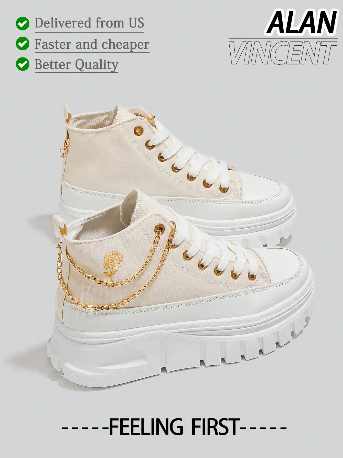 Fast Shipping Women Beige Canvas Shoes Rose Embroidery Gold Chain Decor Height Increasing Platform Shoes