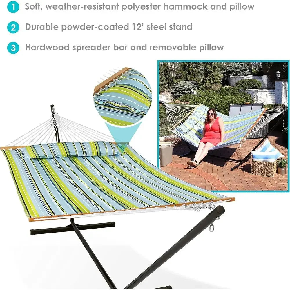 Double Hammock for Two with Stand - 350 lbs Capacity, 12-Foot Stand, Blue & Green