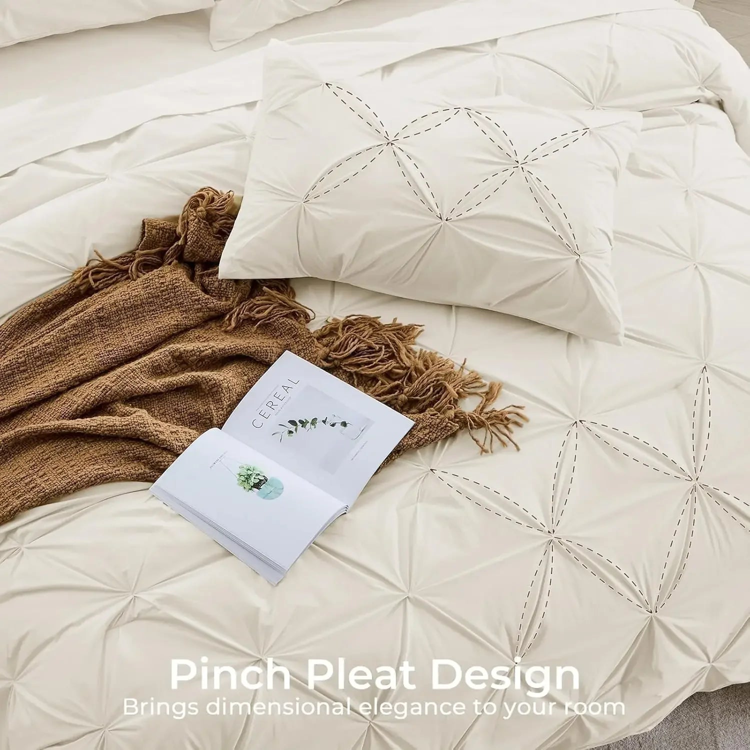 Queen Comforter Set, 7-Piece Bed in a Bag, Pintuck Bedding Sets for All Season, Includes Comforter, Flat Sheet, Fitted Sheet, Pillowcases and Pillowshams, Beige