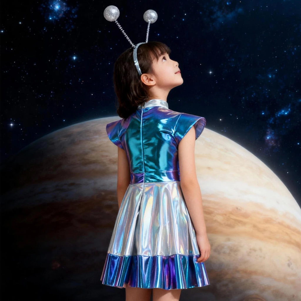 Toddler Baby Girls Alien Costume Dress Kids Shiny Metallic Space Themed Party Dress with Headband Glasses for Halloween Cosplay