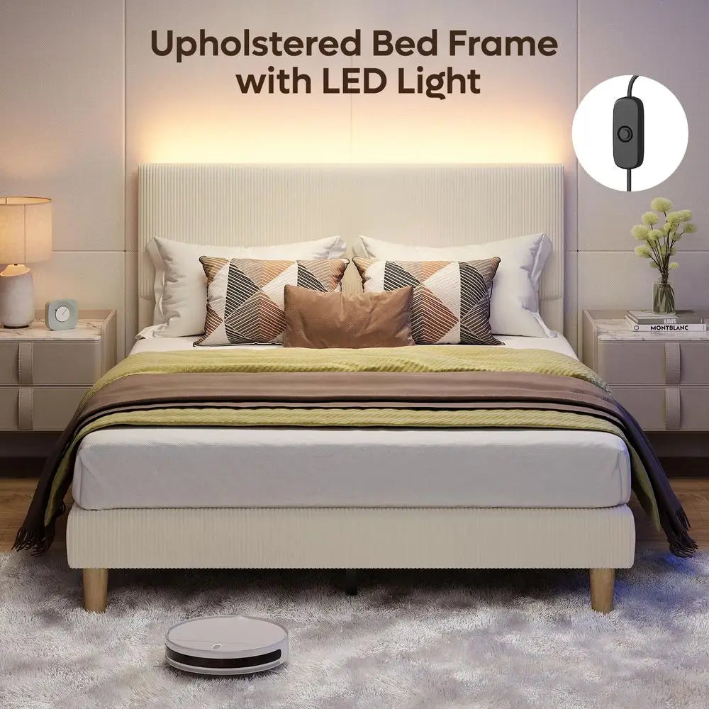 Queen Bed Frame with Headboard LED Lighting,Upholstered,Beige Easy Assembly,LED Lighting Headboard,No Squeaks,Vertical Channel