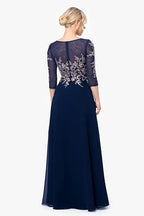 Women Boat Neck 3/4 Mesh Sleeve Floral Lace Appliques Chiffon Long Dress Elegant A Line Wedding Party Mother of Bride Formal Evening Maxi Gown