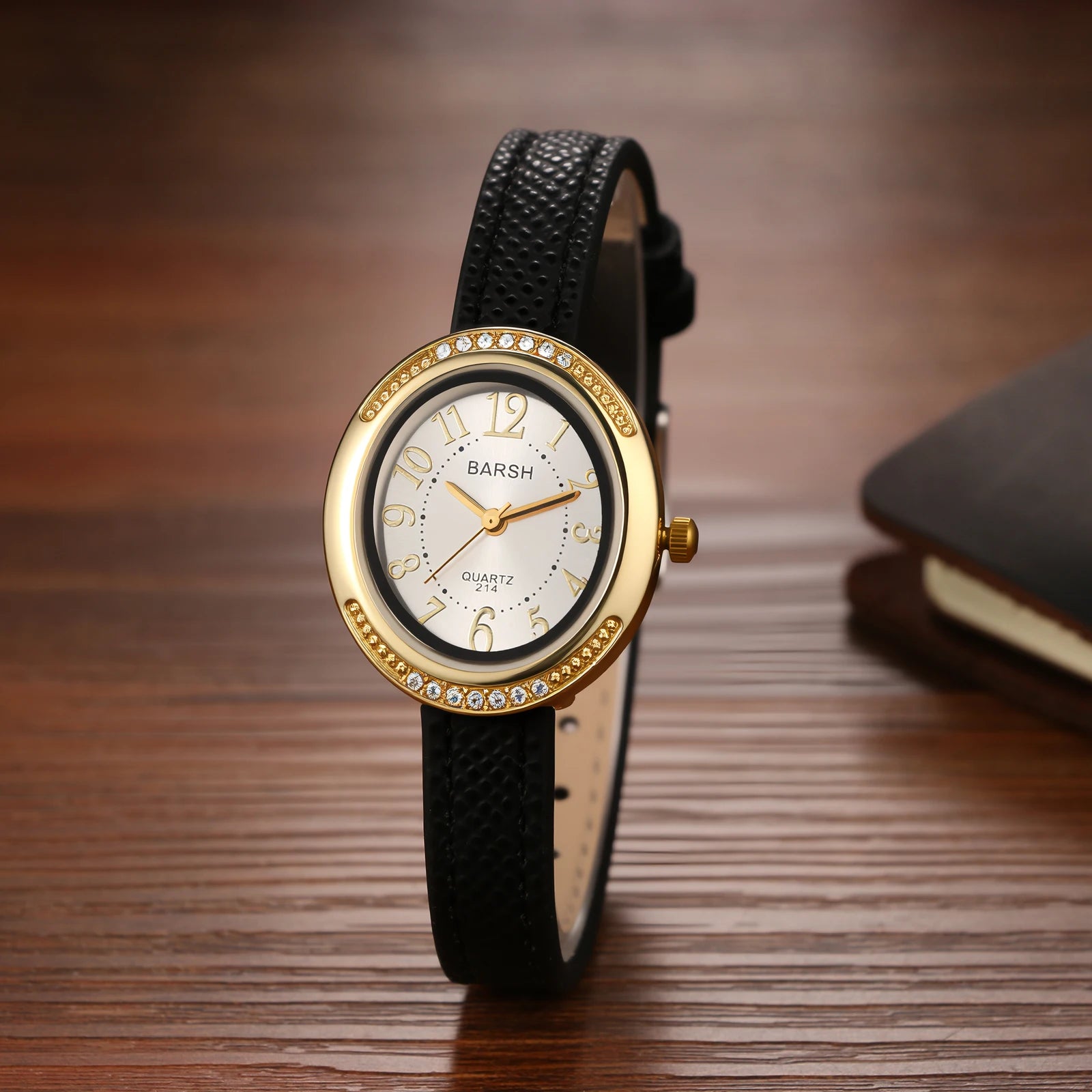 Women's Small Dainty Oval Watch Rhinestone Crystal Studded Bezel PU Leather Band Strap Analog Quartz Wristwatch Arabic Numeral Black Red Dial Vintage Luxury Fashion Mini Cute Ladies Elegant Gift Birthday Christmas All Seasons